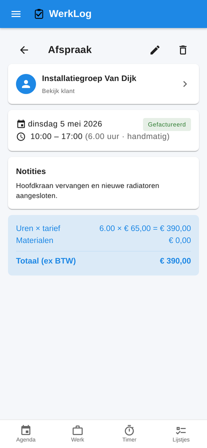 WerkLog opdracht-detail met klant, uren, materialen en status