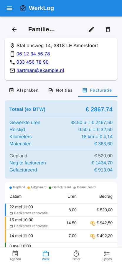 WerkLog klantpagina met tabs Afspraken, Notities en Facturatie