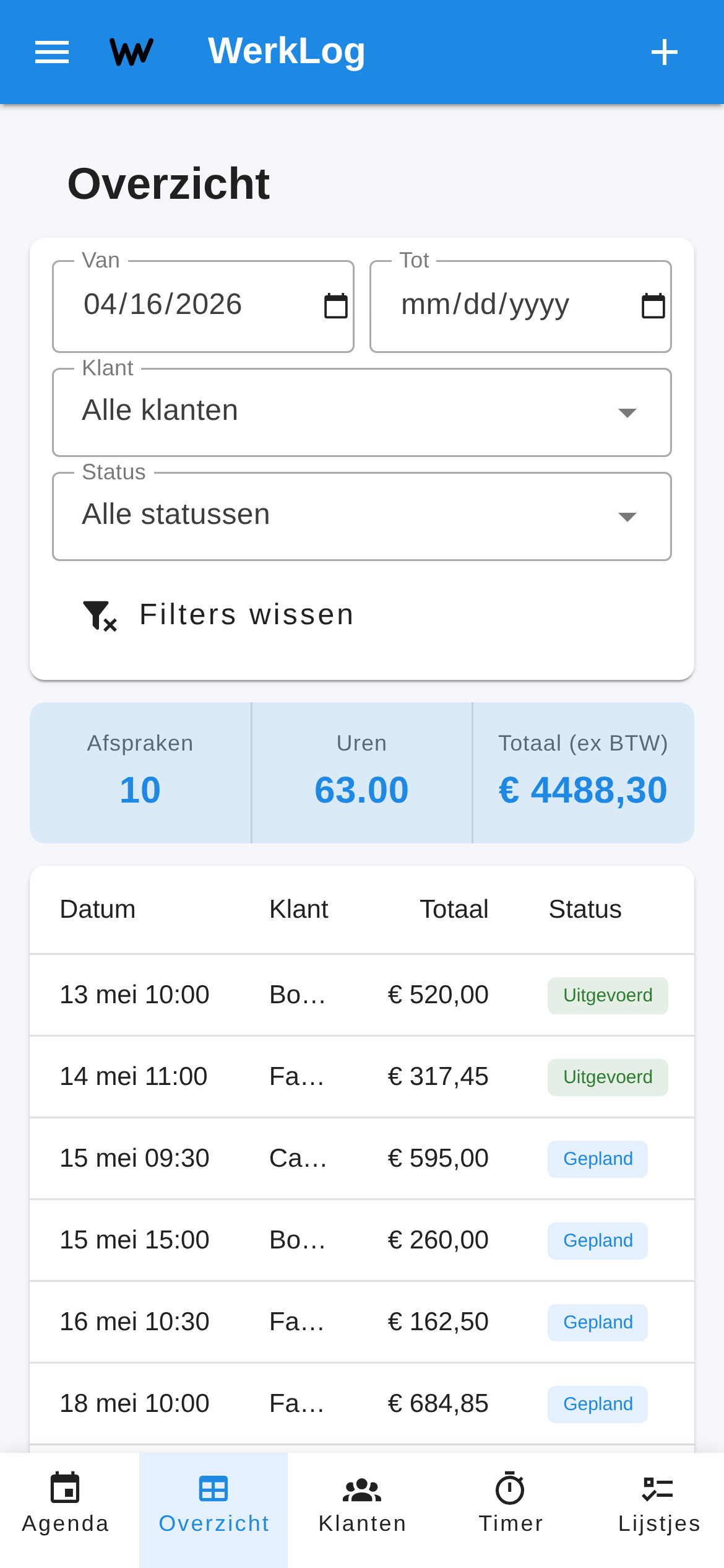 WerkLog overzicht met totalen