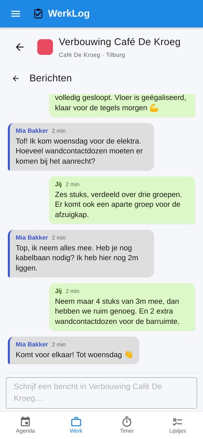 WerkLog project-berichten met live chat