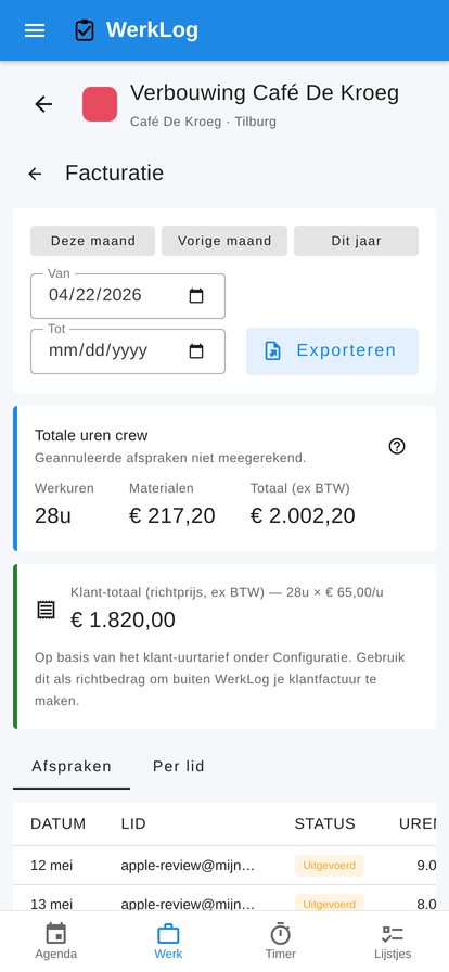 WerkLog project-facturatie met totalen per lid
